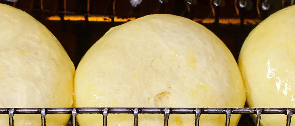 Proofed dough resting on racks